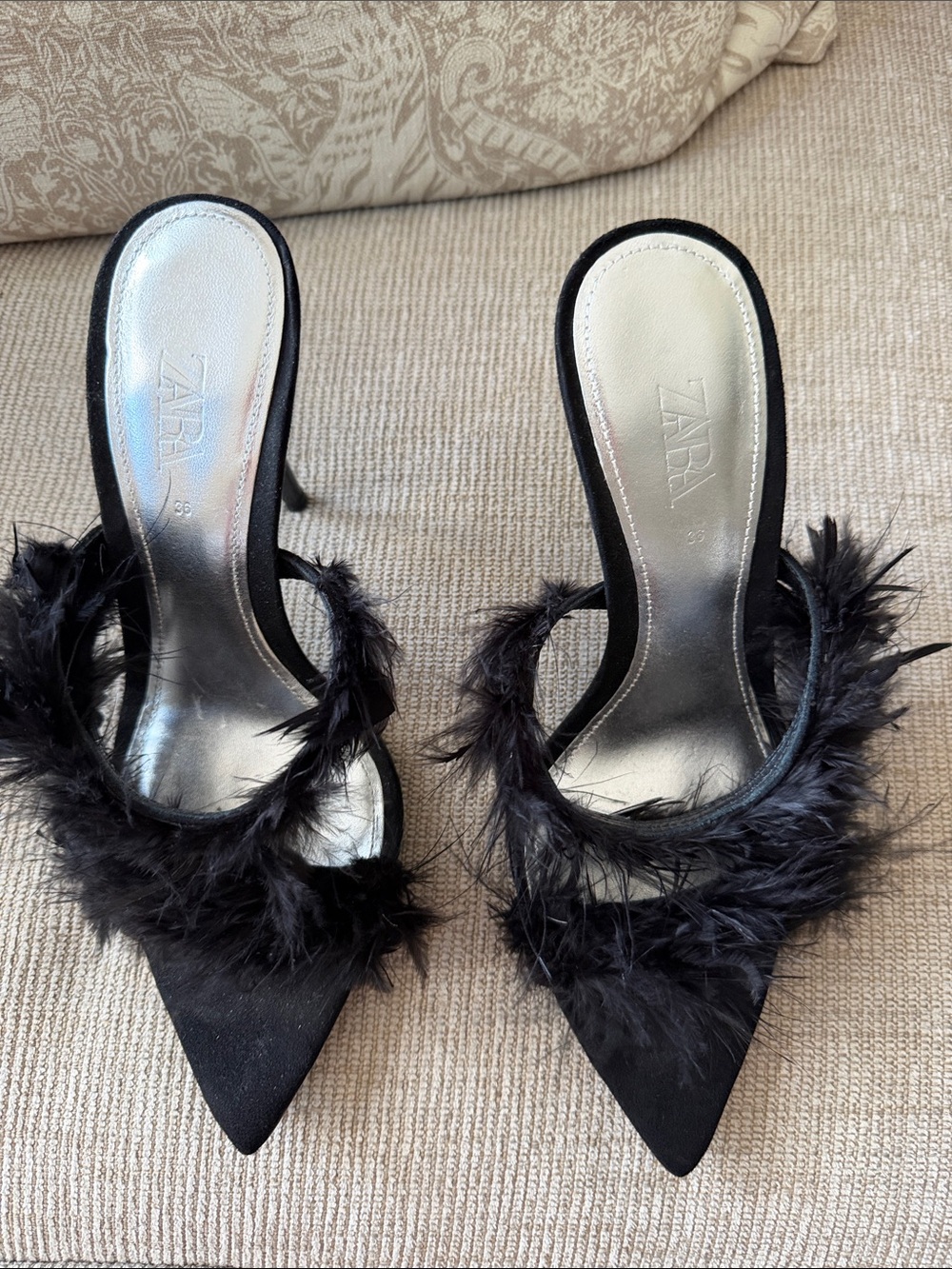 Zara Black Feather-Trim Pointed-Toe Slip-On Mules